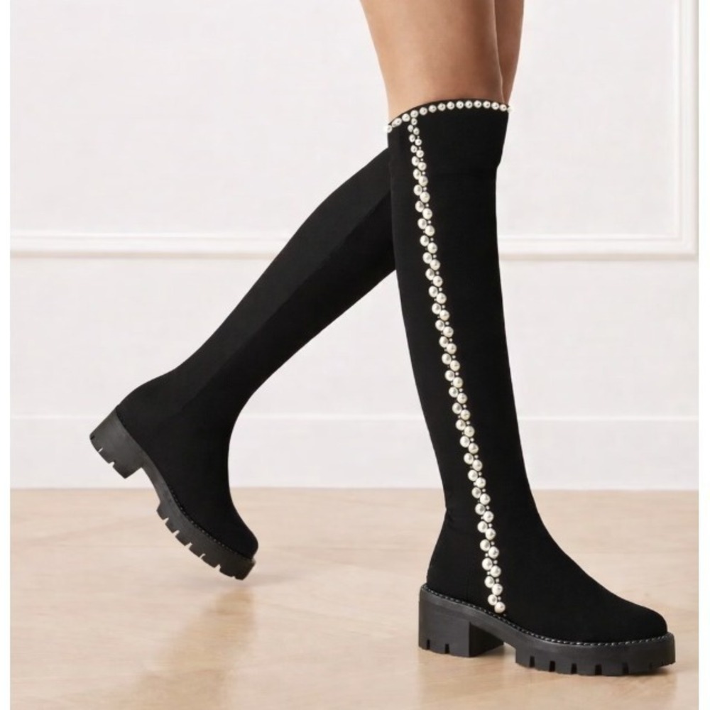 Stuart Weitzman 50/50 OTK Boot Lift Pearl Embellished‎ Lug Sole Boots 8.5B Rare